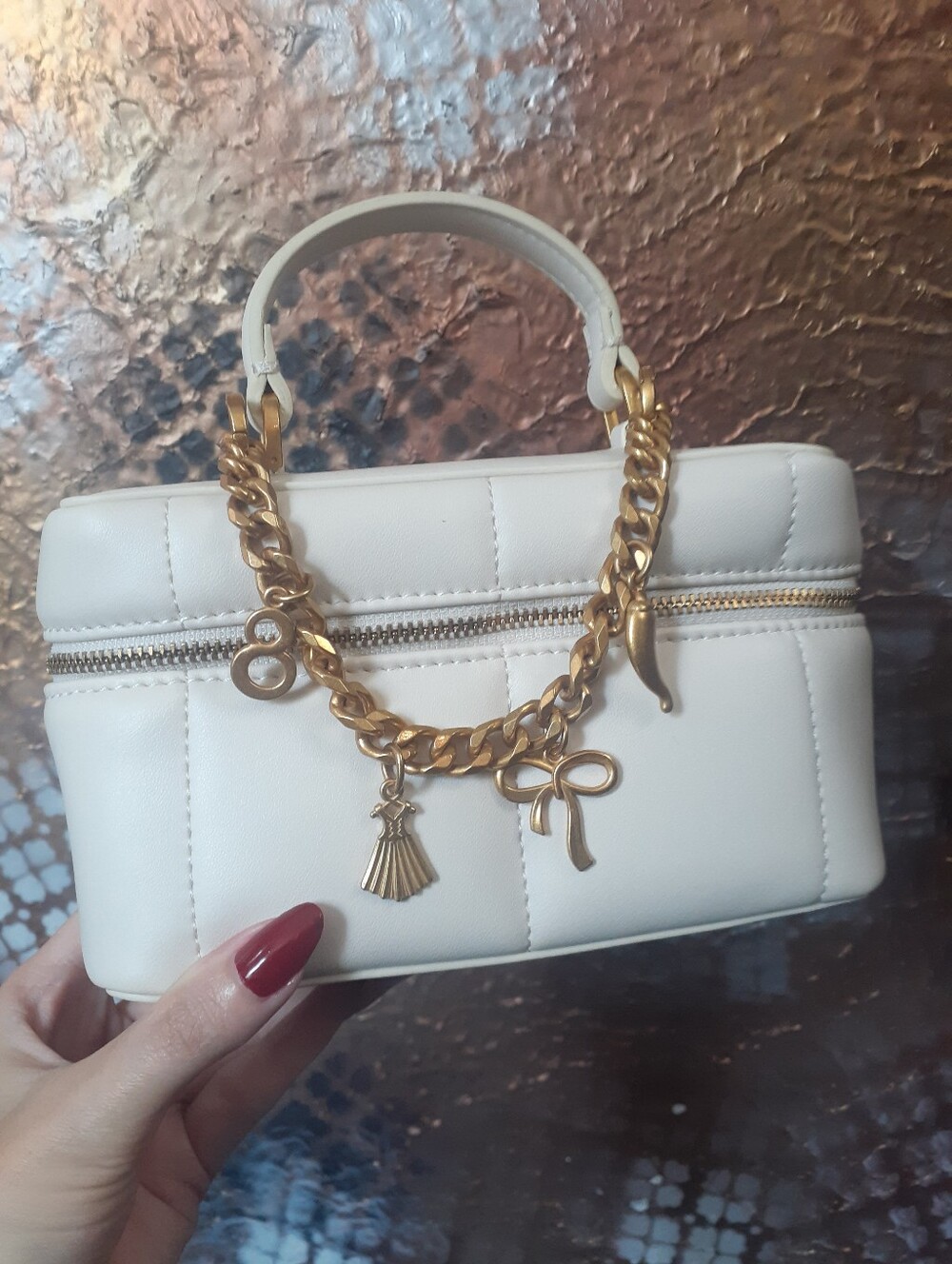 Zara Nwot Off White Quilted Top-Handle Bag with Gold Charm Chain